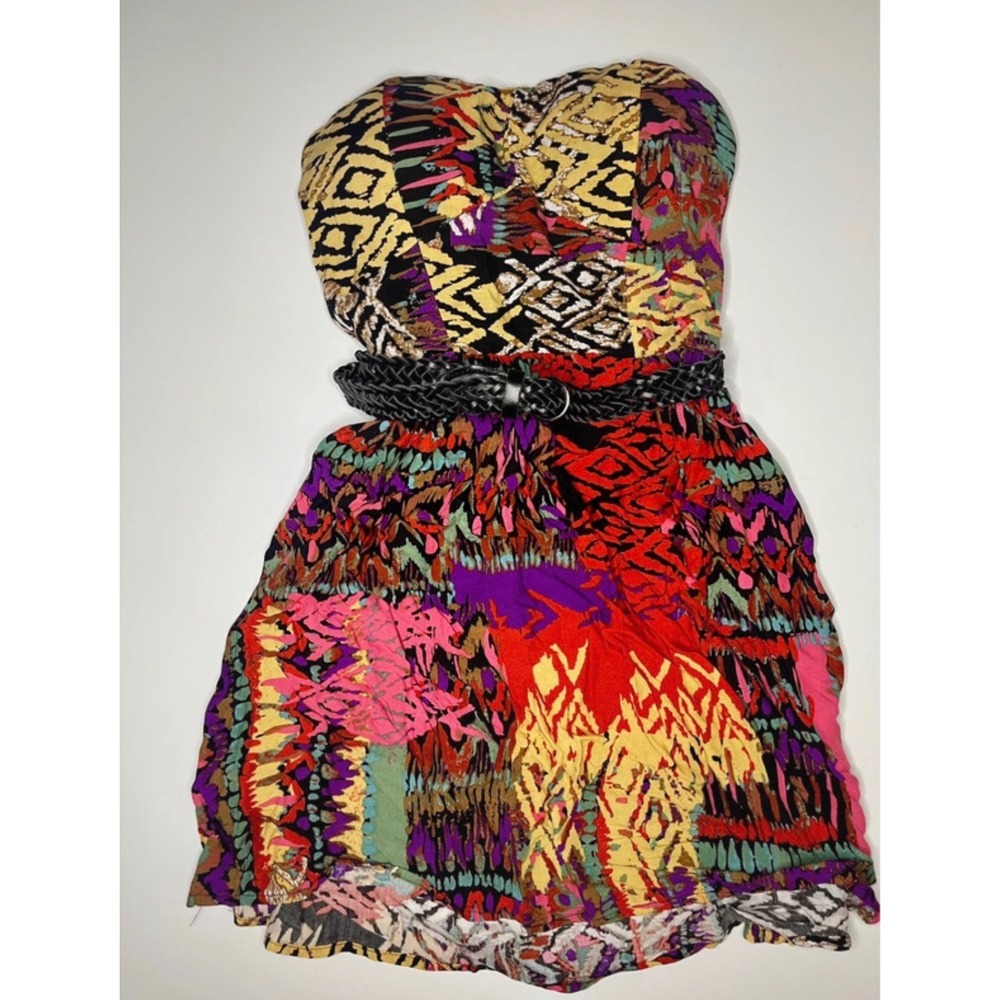 Womens Strapless Tribal Patchwork Mini Dress Sweetheart Neck Braided Belt Multi